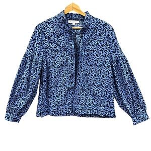 LOFT‎ Women's Size M Blue Floral Tie Neck Prairie Blouse Puff Sleeve Cottagecore